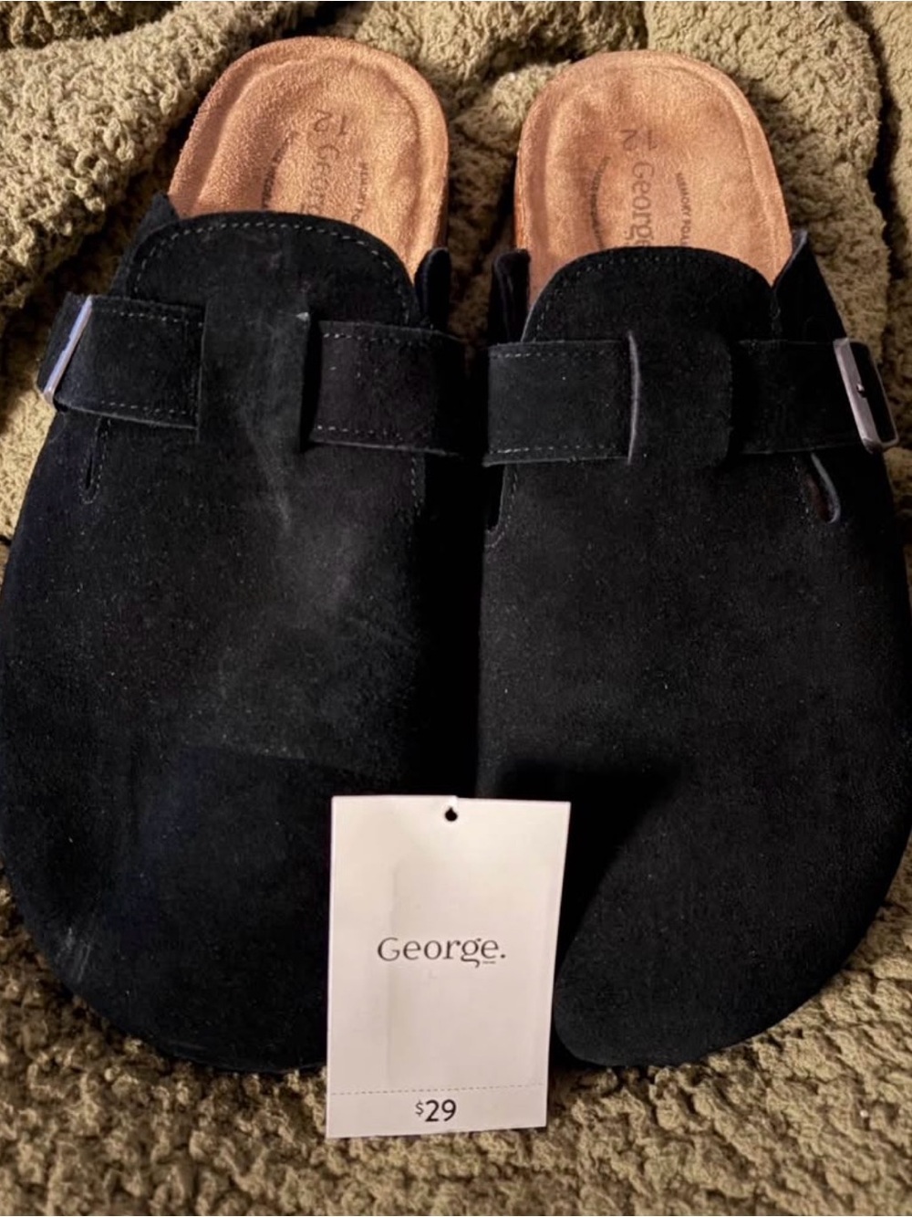 George Black Suede Slip-On Mules with Buckle Accent